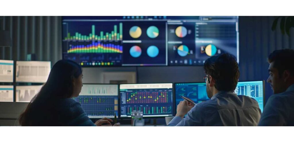 Three colleagues working together at a desk, utilizing multiple monitors to enhance their productivity and communication.