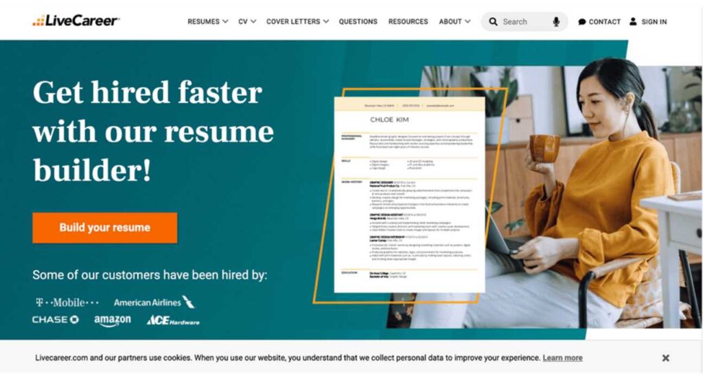 LiveCareer resume builder with guided industry-specific templates