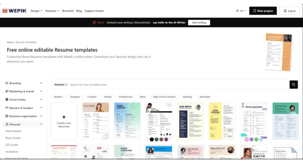 Wepik resume maker with customizable graphic templates for visual resumes