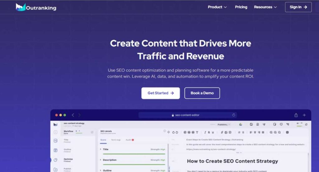 Outranking AI tool for content strategy, research, and writing optimization