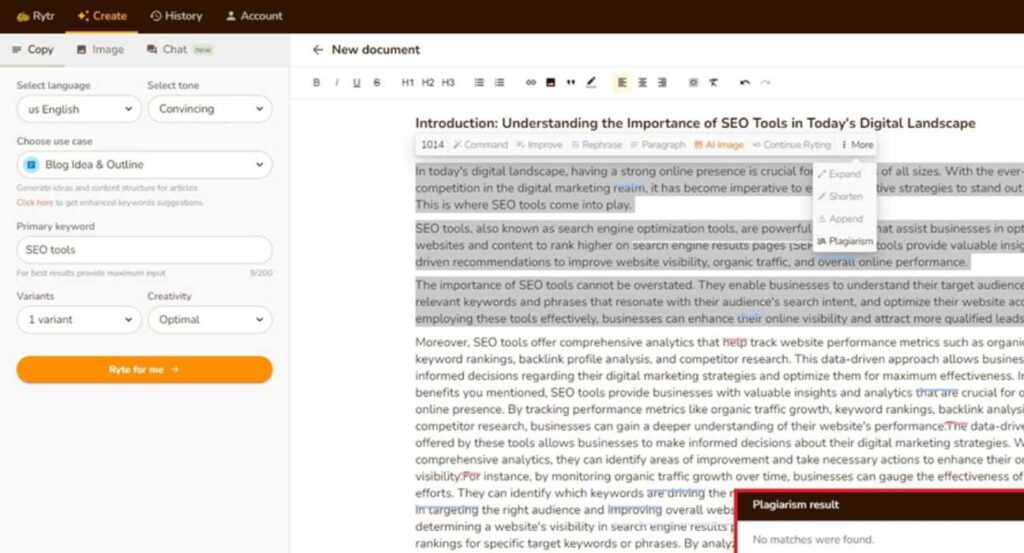 Rytr AI writing assistant generating SEO-friendly content effortlessly